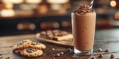 Chocolate milkshake served with freshly baked cookies on a rustic wooden table in a cozy cafe photo