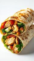 Delicious chicken wrap filled with fresh vegetables and herbs photo