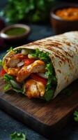 Grilled chicken wrap filled with fresh vegetables on a wooden board in a cozy setting photo