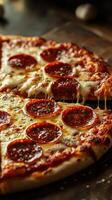 Freshly baked pepperoni pizza with melted cheese served hot on a wooden table in a cozy restaurant setting photo