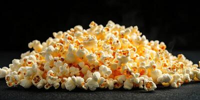 Freshly popped popcorn piled high on a dark background ready for snacking during movie night or gatherings photo