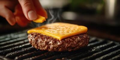 Grilling a juicy beef burger patty topped with melting cheese in a kitchen setting at dinner time photo