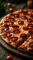 Delicious pepperoni pizza on wooden serving board ready to be enjoyed with fresh toppings and rustic ambiance photo