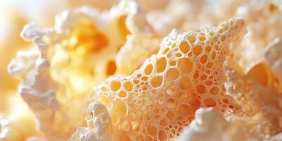 Close-up view of textured foam exhibiting intricate bubbles and patterns in a soft, creamy hue photo