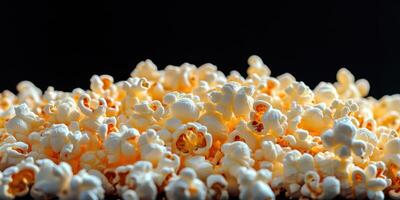 Delicious popped corn scattered against a dark background ready for snacking during a movie night at home photo