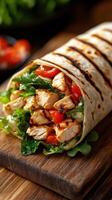 Grilled chicken wrap filled with fresh vegetables on wooden board in a cozy kitchen setting photo