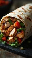 Delicious grilled chicken wrap filled with fresh vegetables and herbs, perfect for a healthy meal on the go photo