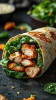 Delicious crispy chicken wrap with fresh spinach and creamy dressing served on a dark countertop photo