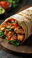 Delicious grilled chicken wrap with fresh vegetables and herbs served on a wooden board in a cozy setting photo