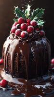 Christmas dessert featuring rich chocolate cake topped with berries and holly placed on a dark background photo