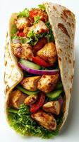 Grilled chicken wrap filled with fresh vegetables and greens served on a white background photo