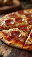 Freshly baked pepperoni pizza served on a rustic wooden table with melted cheese and herbs photo