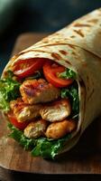 Delicious chicken wrap with fresh vegetables served on a wooden cutting board at a rustic kitchen setting photo