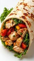 Delicious grilled chicken wrap filled with fresh vegetables, served on a white plate photo