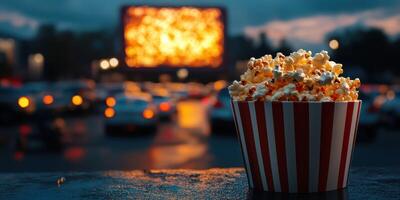 Enjoying fresh popcorn at a drive-in theater during twilight with a glowing screen in the background photo