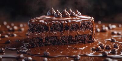 Decadent chocolate cake slice on a glossy surface, dessert indulgence for special occasions or everyday treat photo
