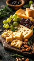 Assorted cheeses, grapes, and nuts arranged on a wooden platter for a gourmet snack experience photo