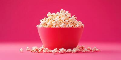 Bright pink bowl overflowing with freshly popped popcorn against a vibrant pink background photo