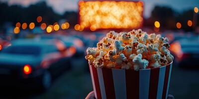 Nighttime outdoor movie experience with popcorn and glowing screen in a lively atmosphere photo