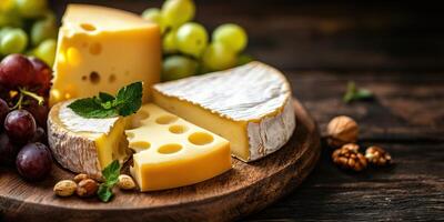 Cheese platter with assorted cheeses, grapes, and nuts served on a wooden board photo