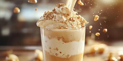 Delicious dessert drink with whipped cream and crushed nuts served in a clear glass during golden hour photo