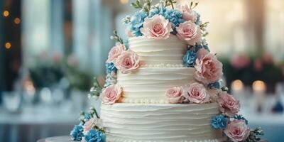 Elegant three-tier wedding cake adorned with pink and blue flowers at a romantic reception photo
