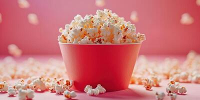 Freshly popped popcorn in a vibrant red bowl with scattered kernels on a pink background photo