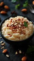 Delicious creamy dessert topped with almonds and mint served in a black bowl on a rustic table photo