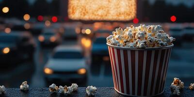 Enjoying popcorn at a drive-in movie theater on a cozy evening under a glowing screen photo