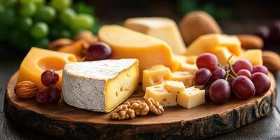 Delicious cheese platter with assorted cheeses, fresh fruits, and nuts on a rustic wooden board photo