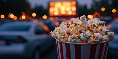 Popcorn filled bucket at a drive-in movie theater during dusk with glowing screen in the background photo