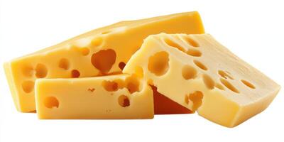 Yellow cheese pieces with holes showing texture and color variations in a consistent arrangement over a white background photo