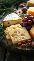 Delicious cheese platter featuring various types of cheese, grapes, and nuts on a wooden board photo