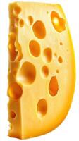 Large piece of yellow cheese with holes set against a plain background in a bright setting photo