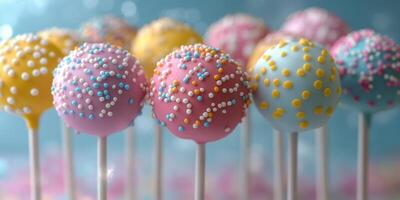 Colorful cake pops decorated with sprinkles in a festive display on a bright background photo