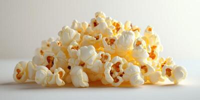 Popped corn scattered on a clean surface with warm light illuminating the fluffy texture photo