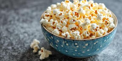 Bowl of freshly popped popcorn on a textured surface ready for movie night snack photo