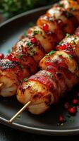 Deliciously grilled shrimp skewers wrapped in crispy bacon with vibrant garnishes and bright red berries photo