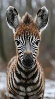 Young zebra stands in a snowy forest with striking black and white stripes while looking curiously at the camera during winter photo