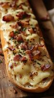 Delicious toasted bread topped with melted cheese and crispy bacon in a rustic kitchen setting photo