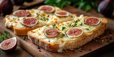 Delicious fig and cheese toast prepared with herbs on a wooden board photo