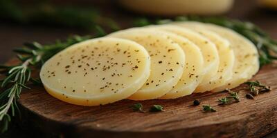 Sliced cheese garnished with herbs arranged on a wooden board in a cozy kitchen setting photo