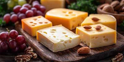 Assorted cheeses with fruits and nuts arranged on a wooden platter in a cozy kitchen setting photo