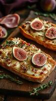 Delicious fig and cheese tartines topped with fresh herbs served on a wooden board photo