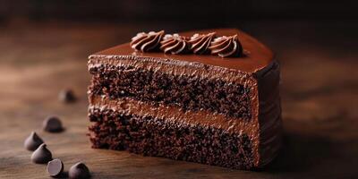 Chocolate cake slice with rich frosting and chocolate chips on wooden table background photo