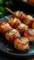 Grilled scallops wrapped in bacon garnished with herbs served on a black plate at a gourmet outdoor gathering photo