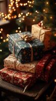 Beautifully wrapped Christmas gifts near a decorated tree with twinkling lights in a cozy indoor setting photo