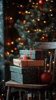 Christmas presents arranged on a rustic chair in a cozy setting with a decorated tree and soft lighting photo