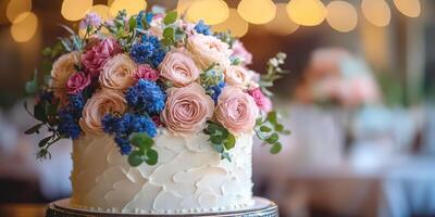 Beautiful floral cake design adorned with pink and blue roses in a festive banquet setting photo