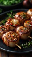 Savory bacon-wrapped scallops arranged neatly on a dark plate with herbs and spices photo
